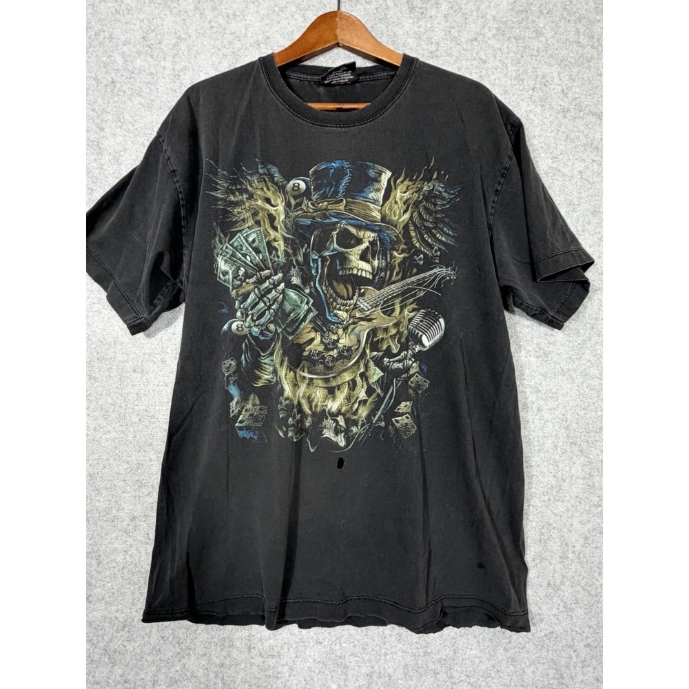 Rock Chang Skull Guitar T Shirt Mens Tagged XL Black Double Sided Distressed